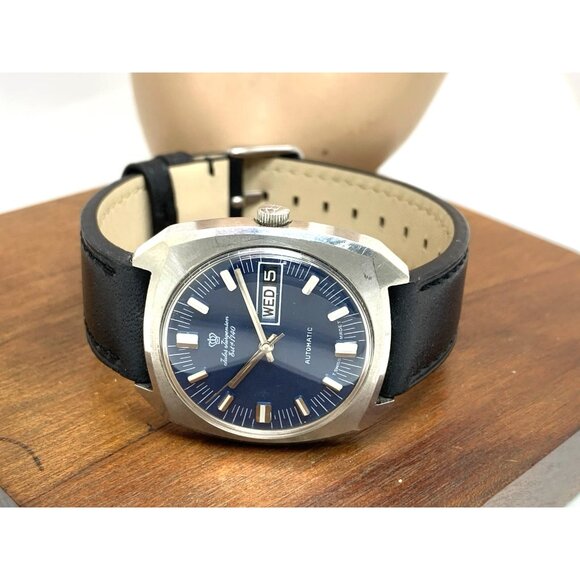 Jules Jurgensen Men's Watch Vintage Swiss Automatic Blue Dial Day Date 35mm - Picture 9 of 15